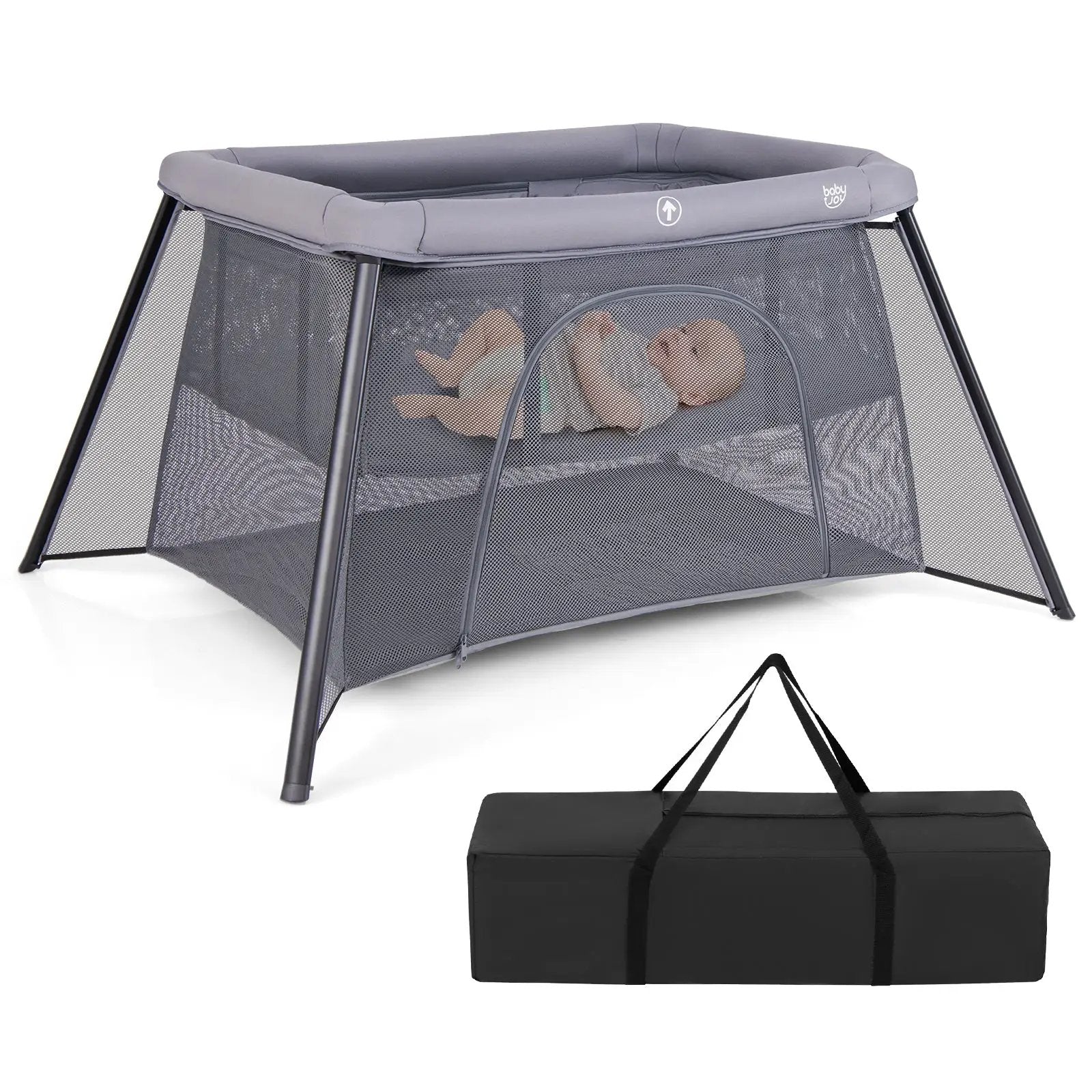 2-in-1 Portable Baby Playpen with Safety Enclosure and Padded Mattress-Dark Gray by DirectDeals