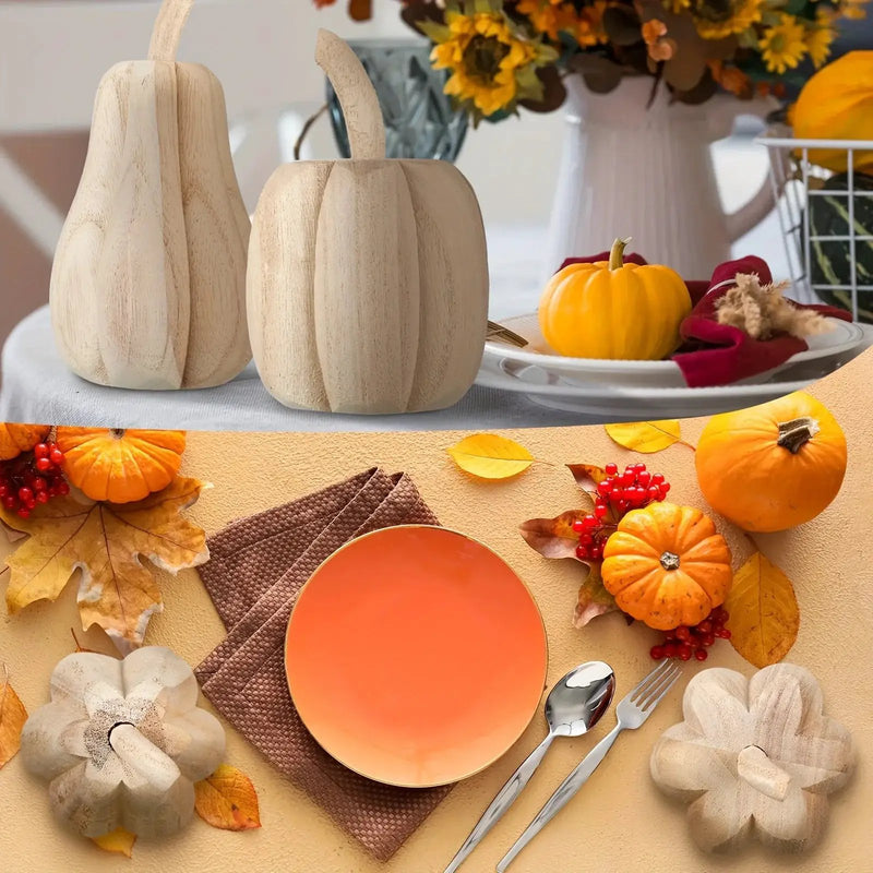 2pcs Hand-Carved Paulownia Wood Pumpkins - 6.5" & 4.5" Farmhouse Thanksgiving Decor, Natural Wood Grain Harvest Table Centerpiece, Rustic Home Signage, No Electricity Needed, Farmhouse Rustic Decor, Seasonal Table Centerpiece by House Of Avana