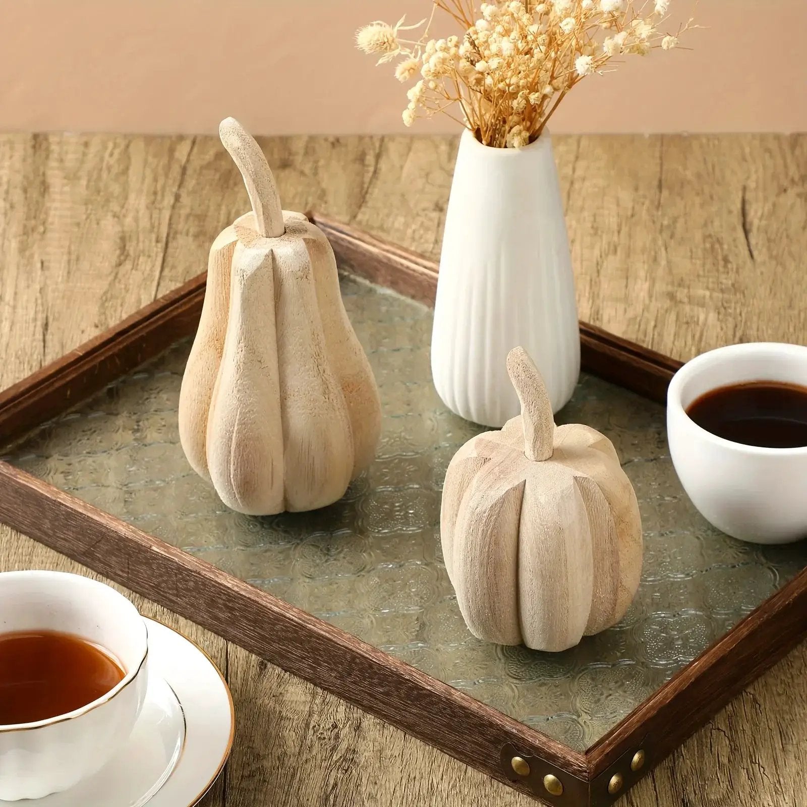 2pcs Hand-Carved Paulownia Wood Pumpkins - 6.5" & 4.5" Farmhouse Thanksgiving Decor, Natural Wood Grain Harvest Table Centerpiece, Rustic Home Signage, No Electricity Needed, Farmhouse Rustic Decor, Seasonal Table Centerpiece by House Of Avana