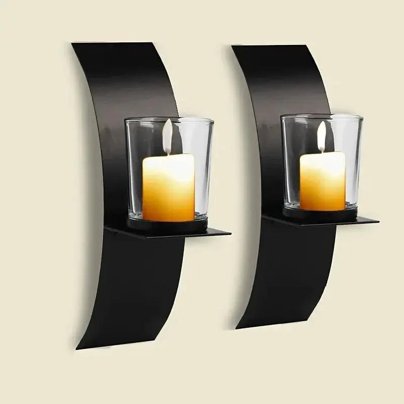 2pcs, Wall Sconce Candle Holder, 3D Curved Wall Candle Holder, Black Iron Candle Holder, Wall Hanging Candle Tray, Template Room Wall Decoration, Home Wedding Decoration by House Of Avana