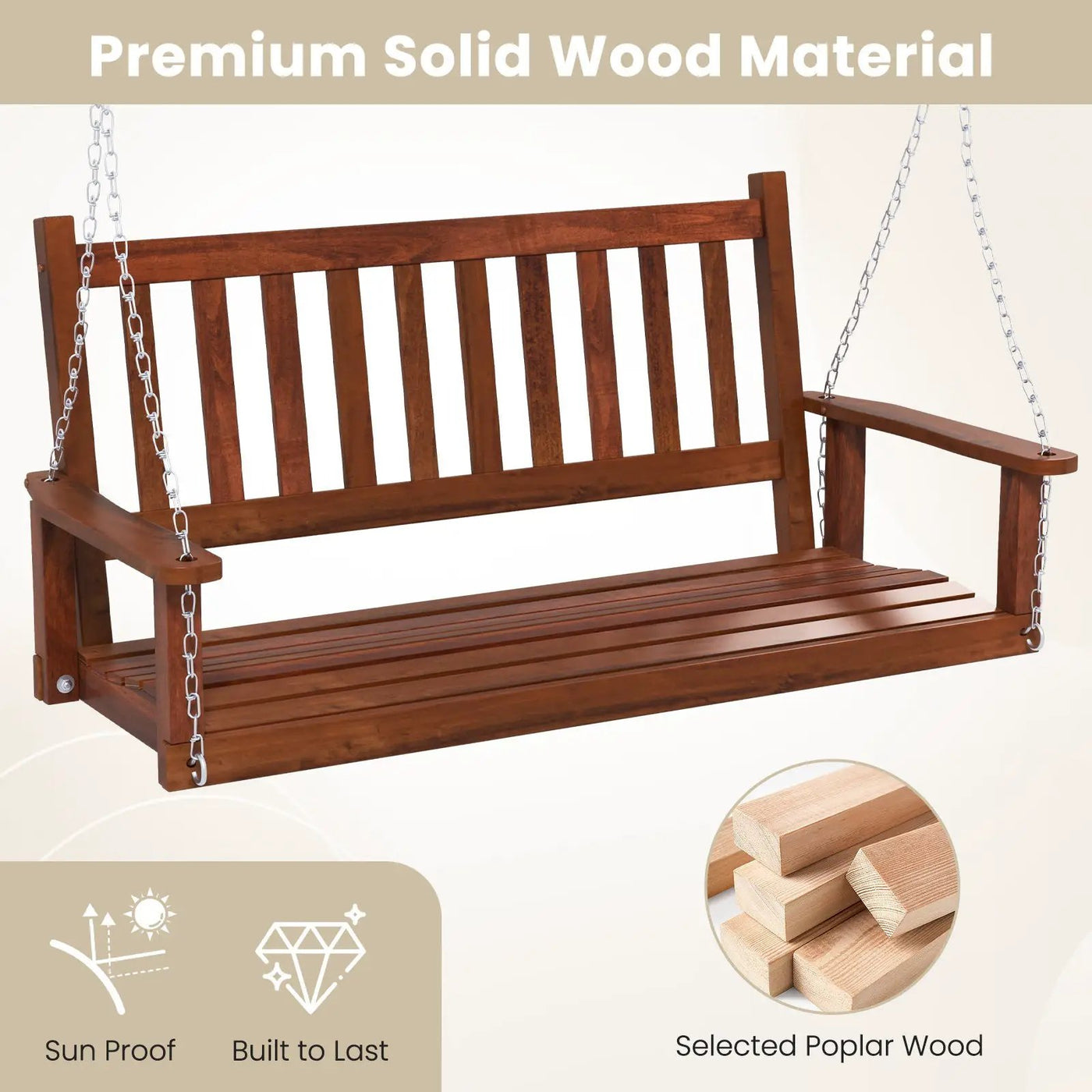 2-Person Wooden Outdoor Porch Swing with 500 lbs Weight Capacity by DirectDeals