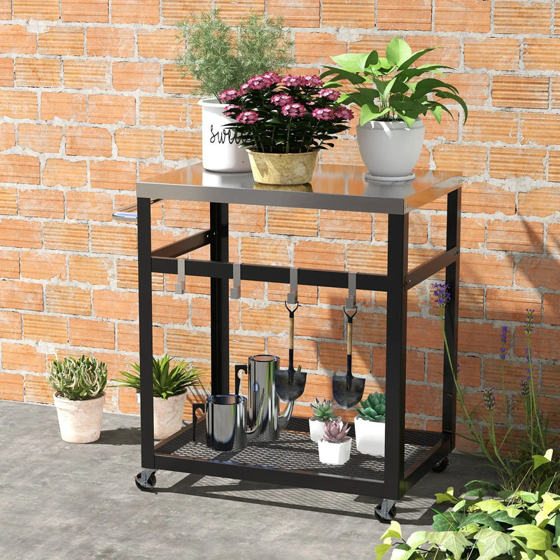 2-Tier Stainless Steel Grill Cart with 4 Hooks and Wheels BBQ Table-Black by DirectDeals