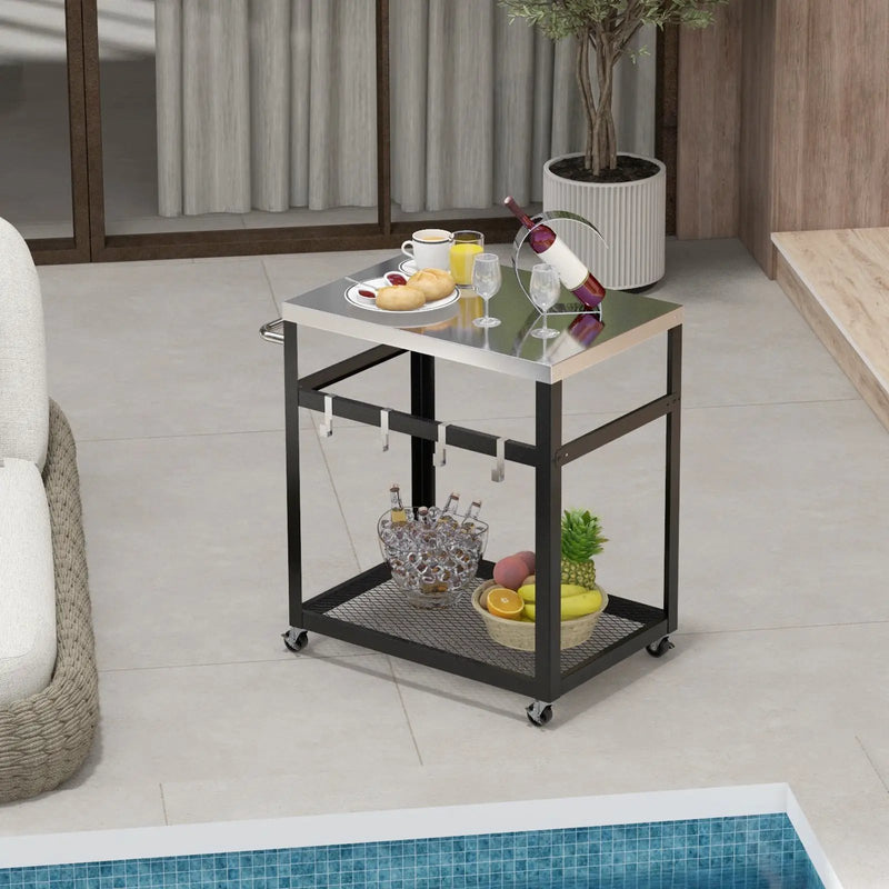 2-Tier Stainless Steel Grill Cart with 4 Hooks and Wheels BBQ Table-Black by DirectDeals