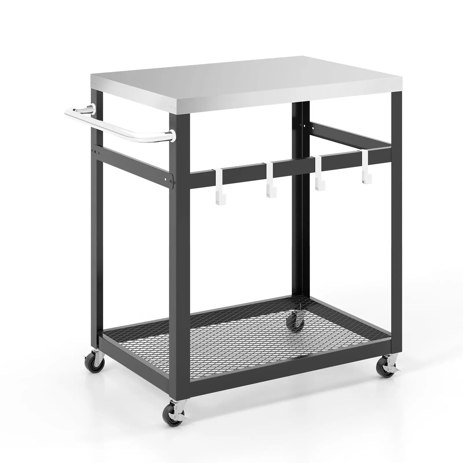 2-Tier Stainless Steel Grill Cart with 4 Hooks and Wheels BBQ Table-Black by DirectDeals