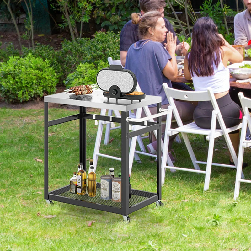 2-Tier Stainless Steel Grill Cart with 4 Hooks and Wheels BBQ Table-Black by DirectDeals