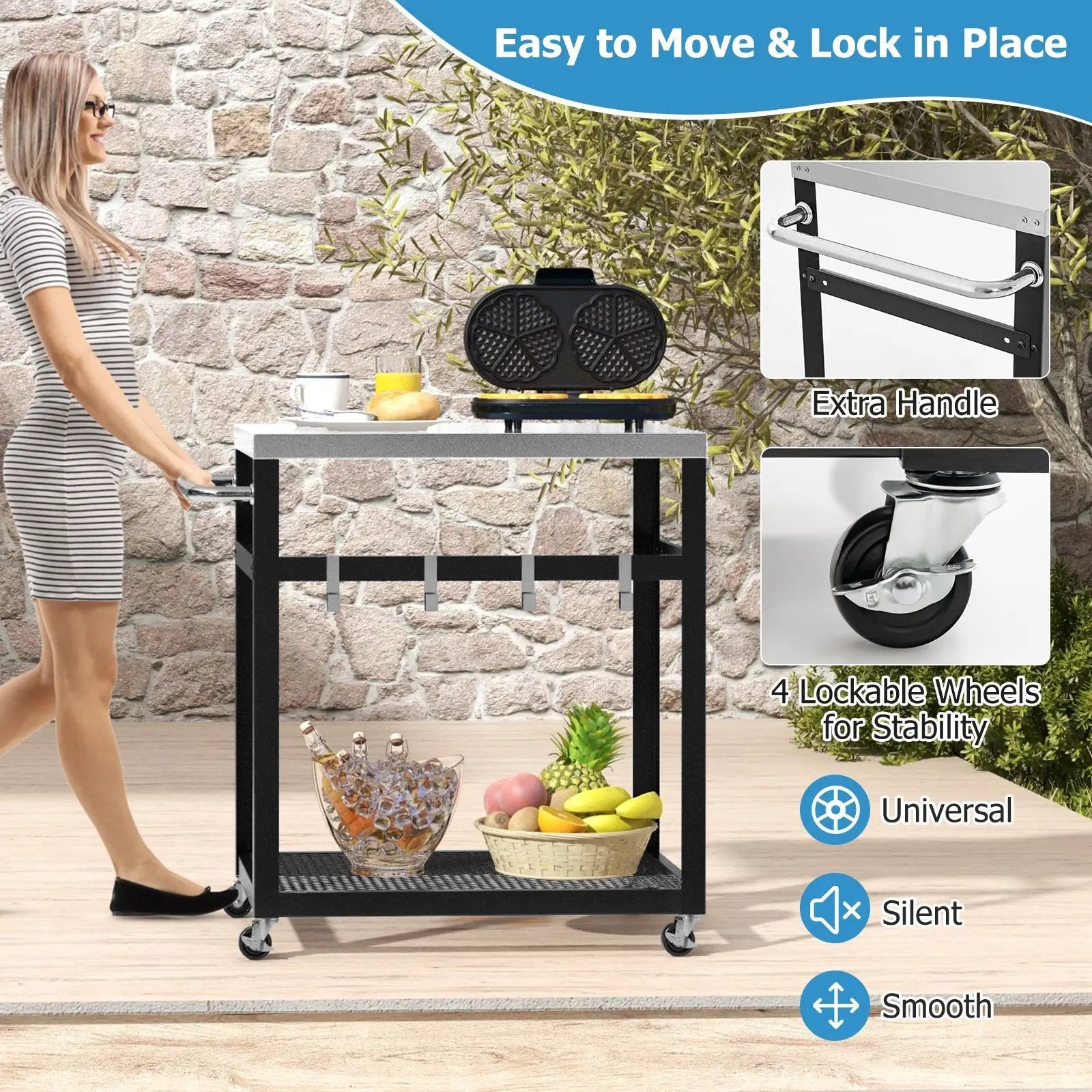 2-Tier Stainless Steel Grill Cart with 4 Hooks and Wheels BBQ Table-Black by DirectDeals