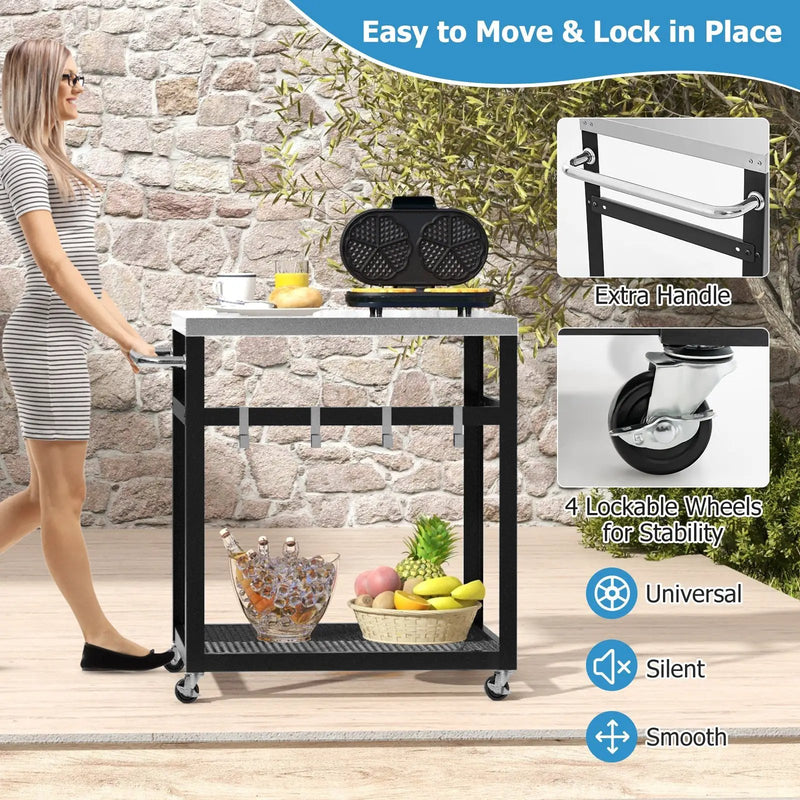 2-Tier Stainless Steel Grill Cart with 4 Hooks and Wheels BBQ Table-Black by DirectDeals