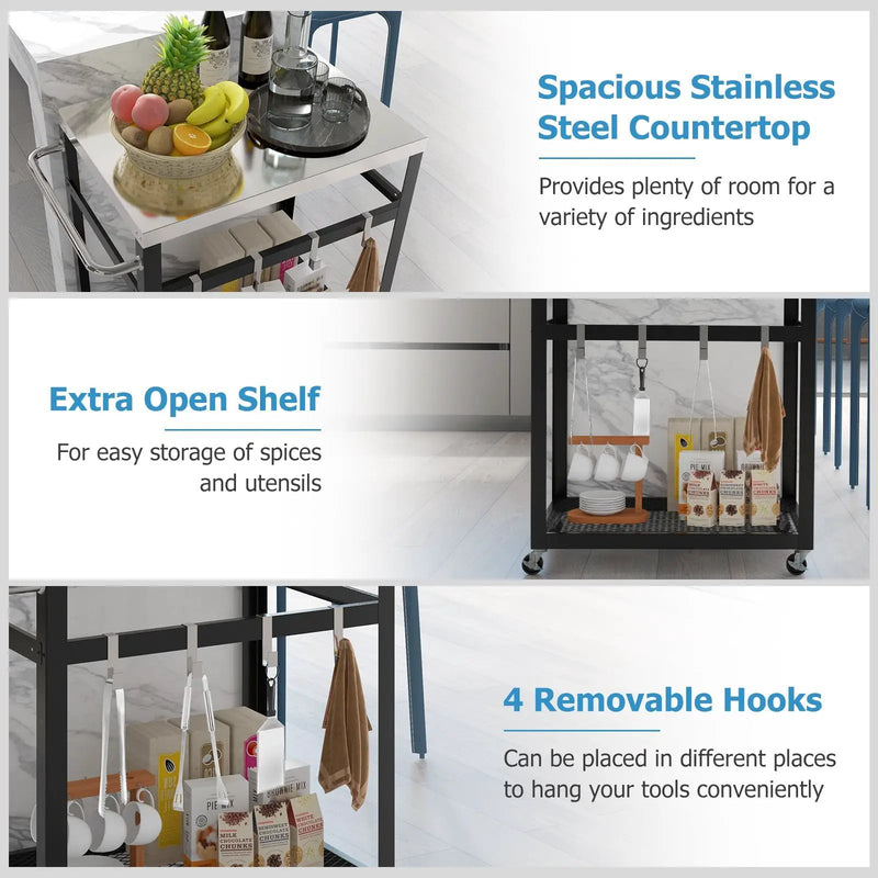 2-Tier Stainless Steel Grill Cart with 4 Hooks and Wheels BBQ Table-Black by DirectDeals
