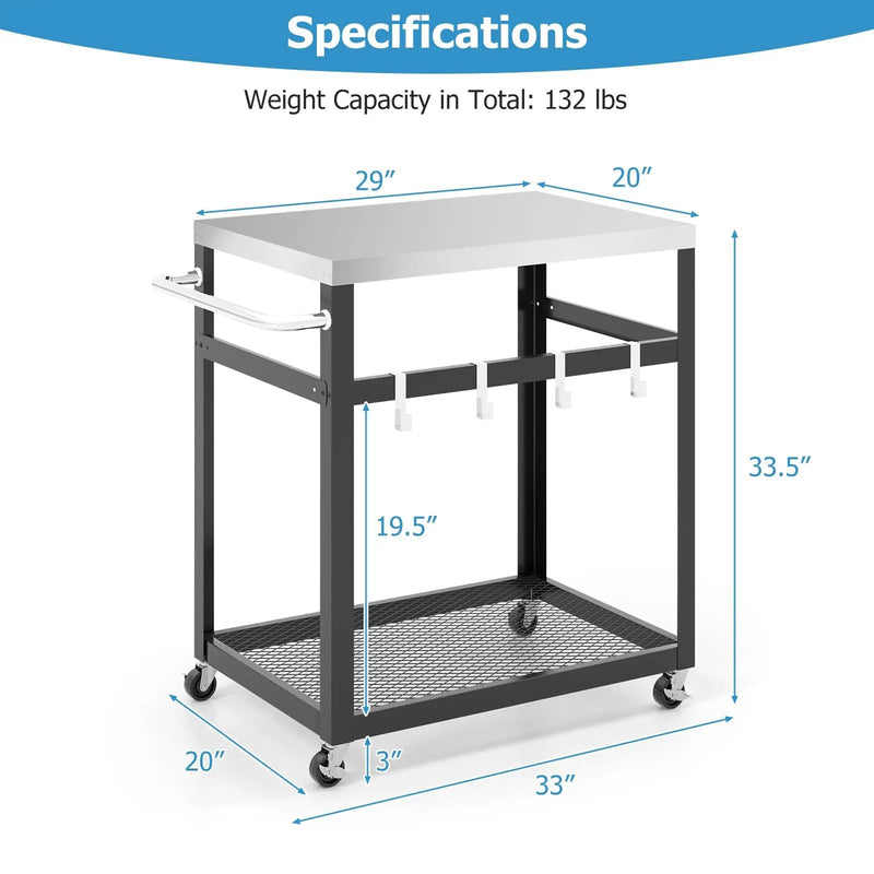 2-Tier Stainless Steel Grill Cart with 4 Hooks and Wheels BBQ Table-Black by DirectDeals