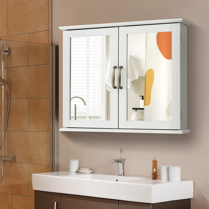 2-Tier Bathroom Wall-Mounted Mirror Storage Cabinet with Handles-White by DirectDeals