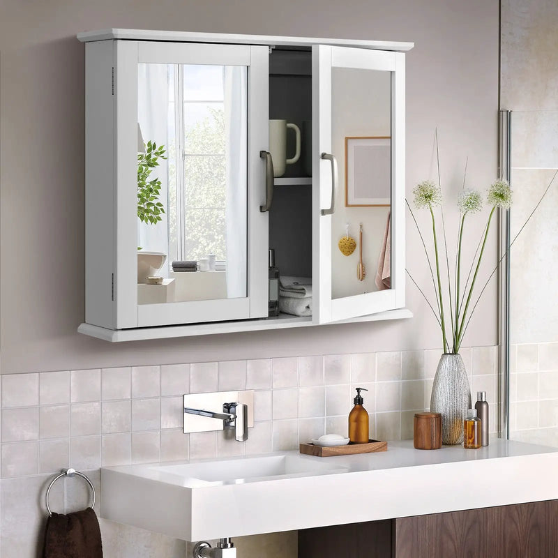 2-Tier Bathroom Wall-Mounted Mirror Storage Cabinet with Handles-White by DirectDeals