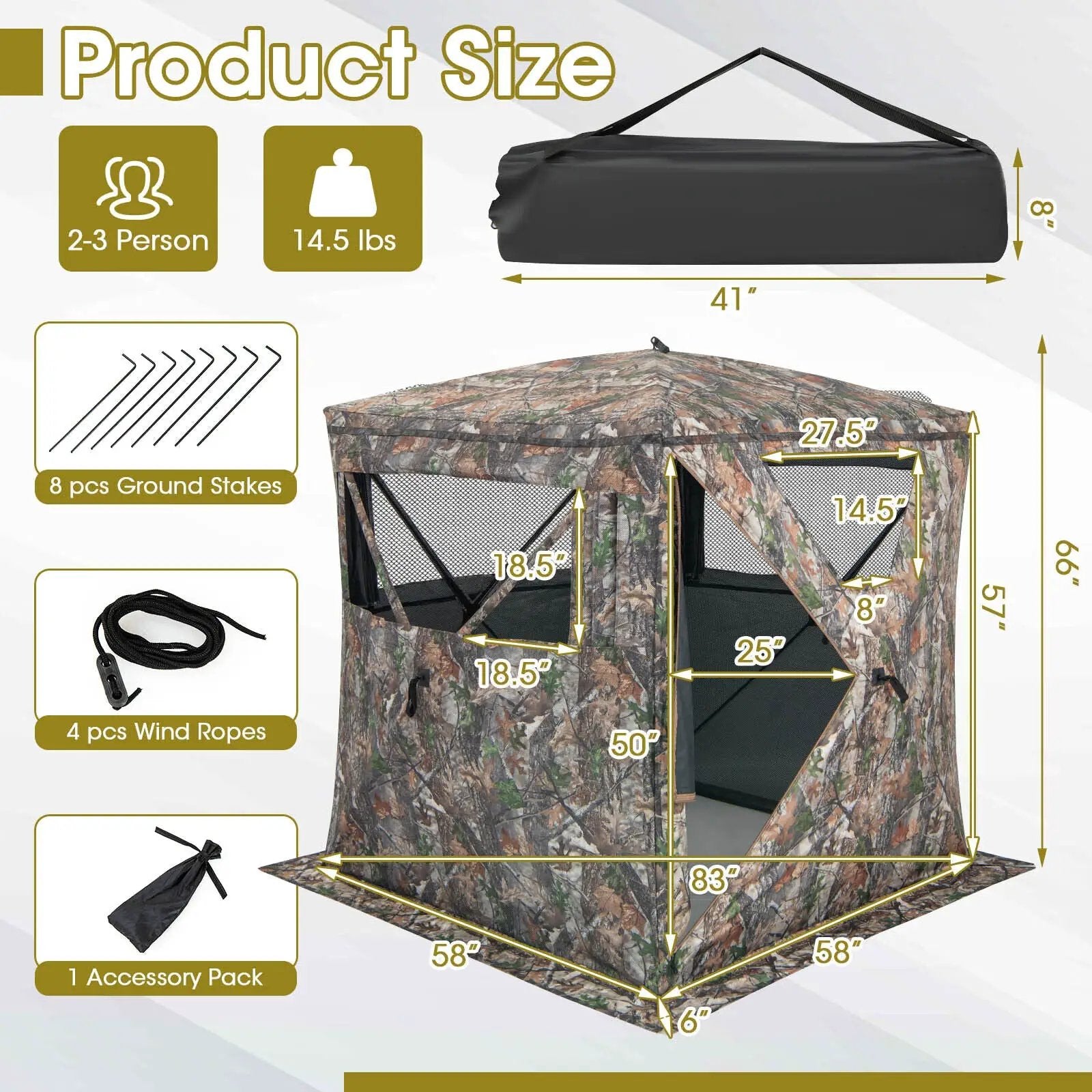 2-3 Person Hunting Blind Portable Pop Up Ground Tent with Carry Bag and Storage Pocket by DirectDeals