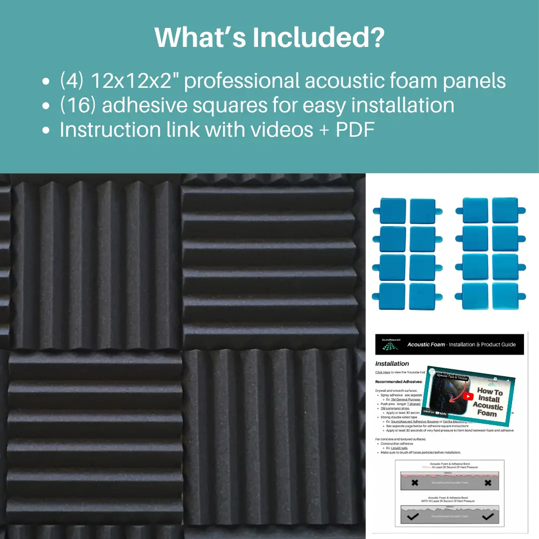 Easy Mount Acoustic Foam Kit - 12x12x2" Acoustic Foam Panels With Adhesive - Wedge Style - 4 Pack by SoundAssured