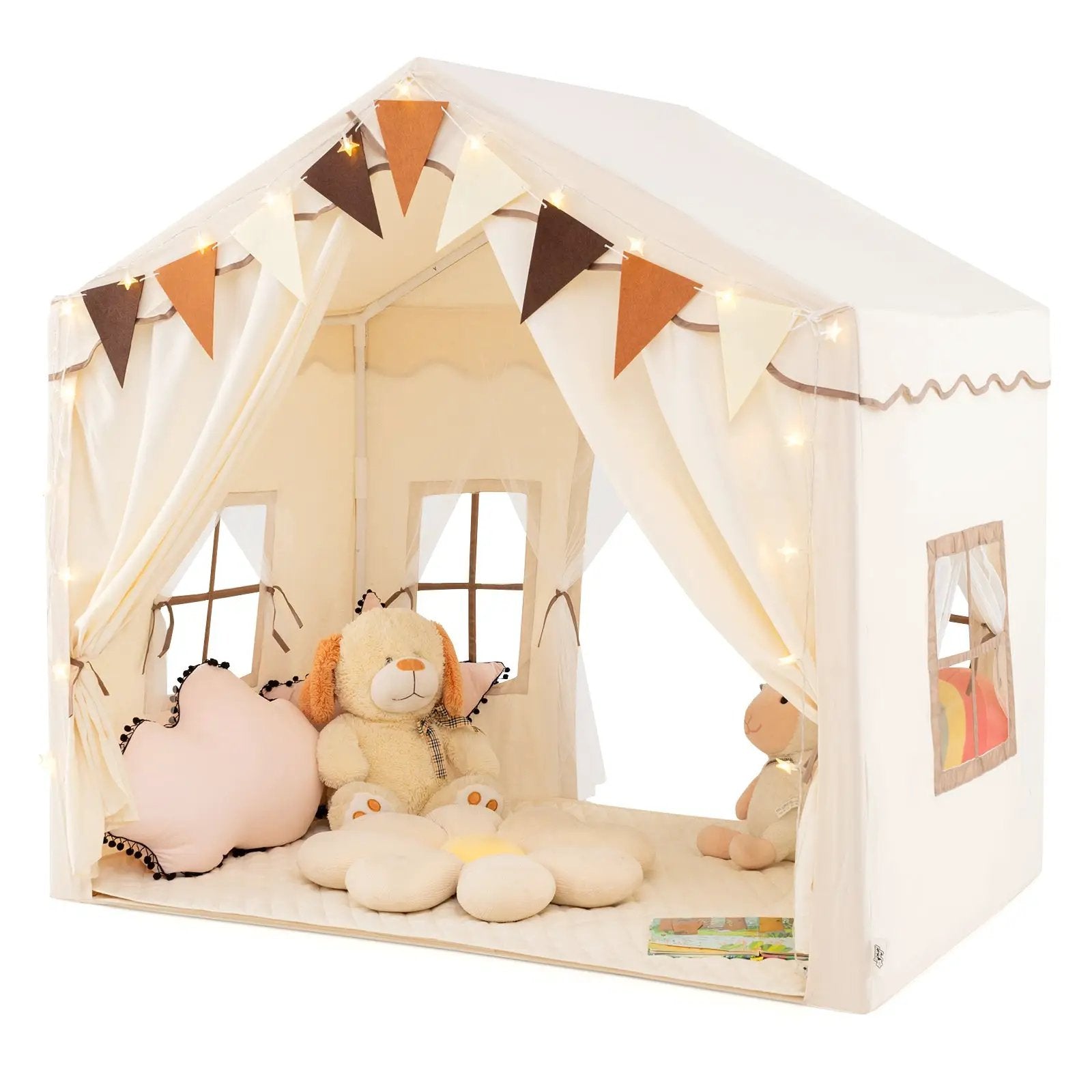 3-4 Kids Large Play Tent House with 2 Opening Doors and Star Lights-Beige by DirectDeals