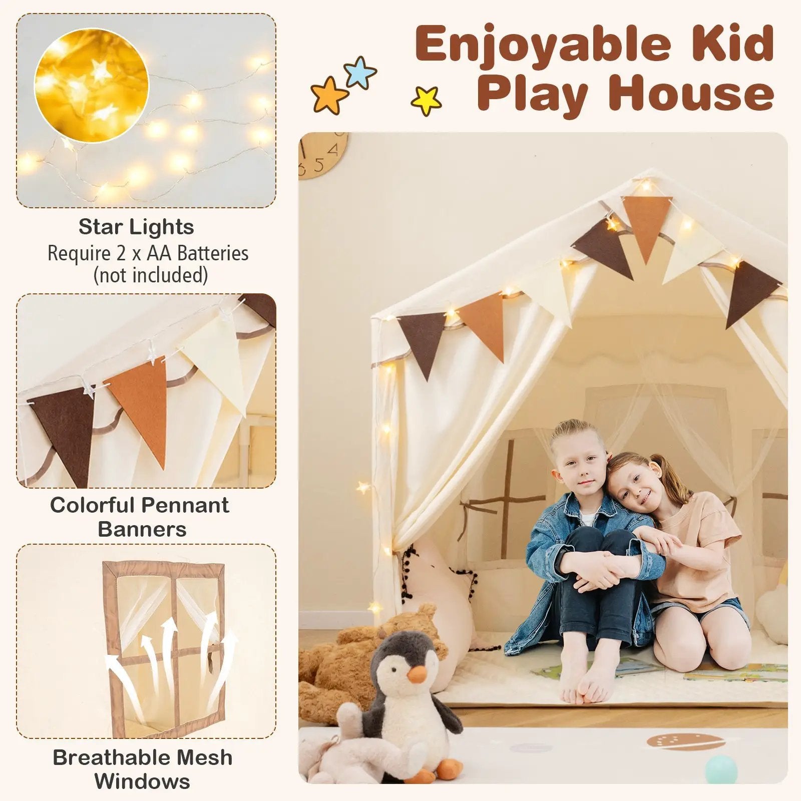 3-4 Kids Large Play Tent House with 2 Opening Doors and Star Lights-Beige by DirectDeals