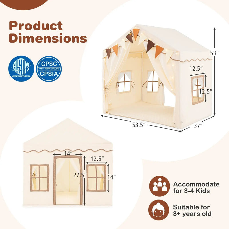 3-4 Kids Large Play Tent House with 2 Opening Doors and Star Lights-Beige by DirectDeals