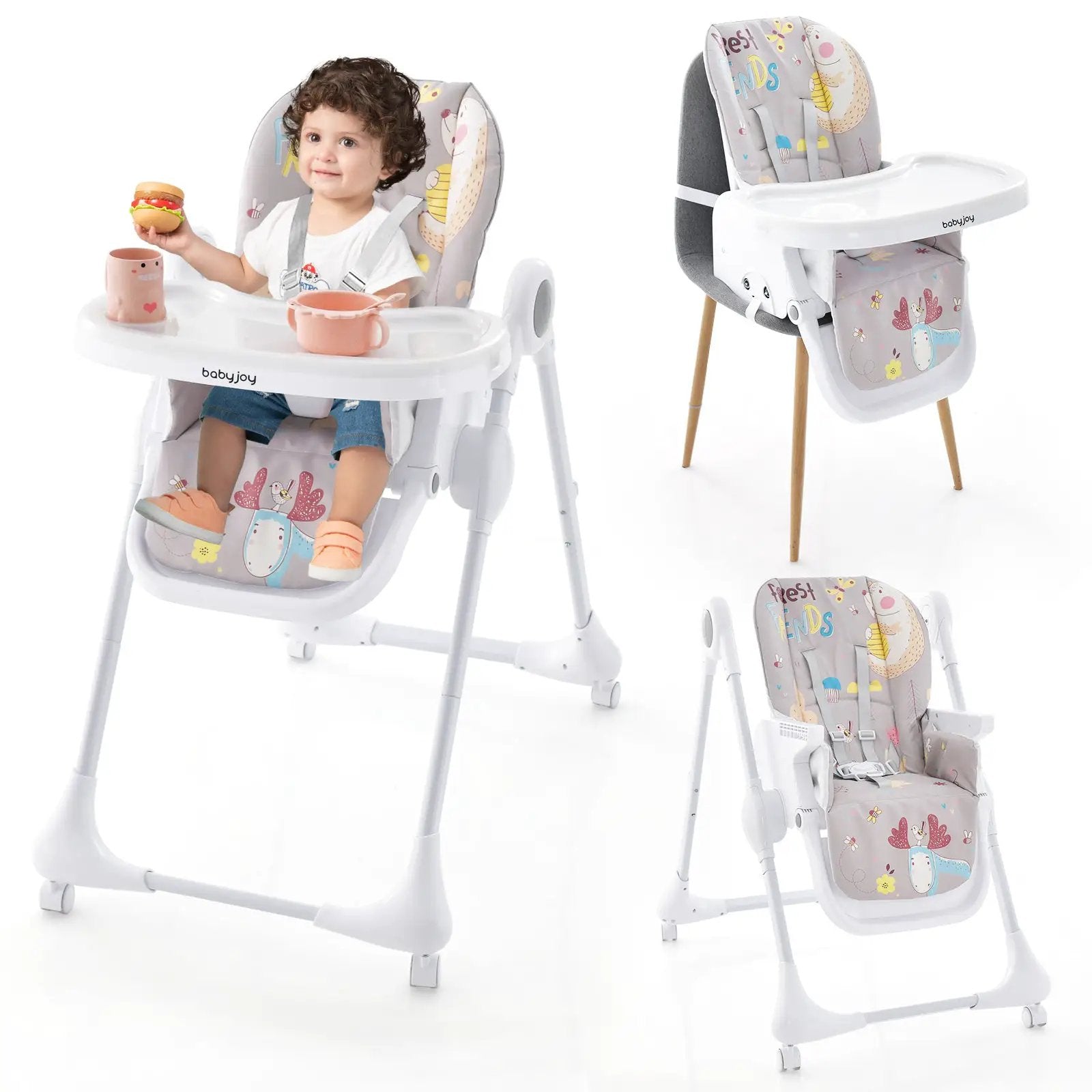 3-In-1 Convertible Highchair with Adjustable Height and 5-Point Safety Belt and Lockable Wheels by DirectDeals