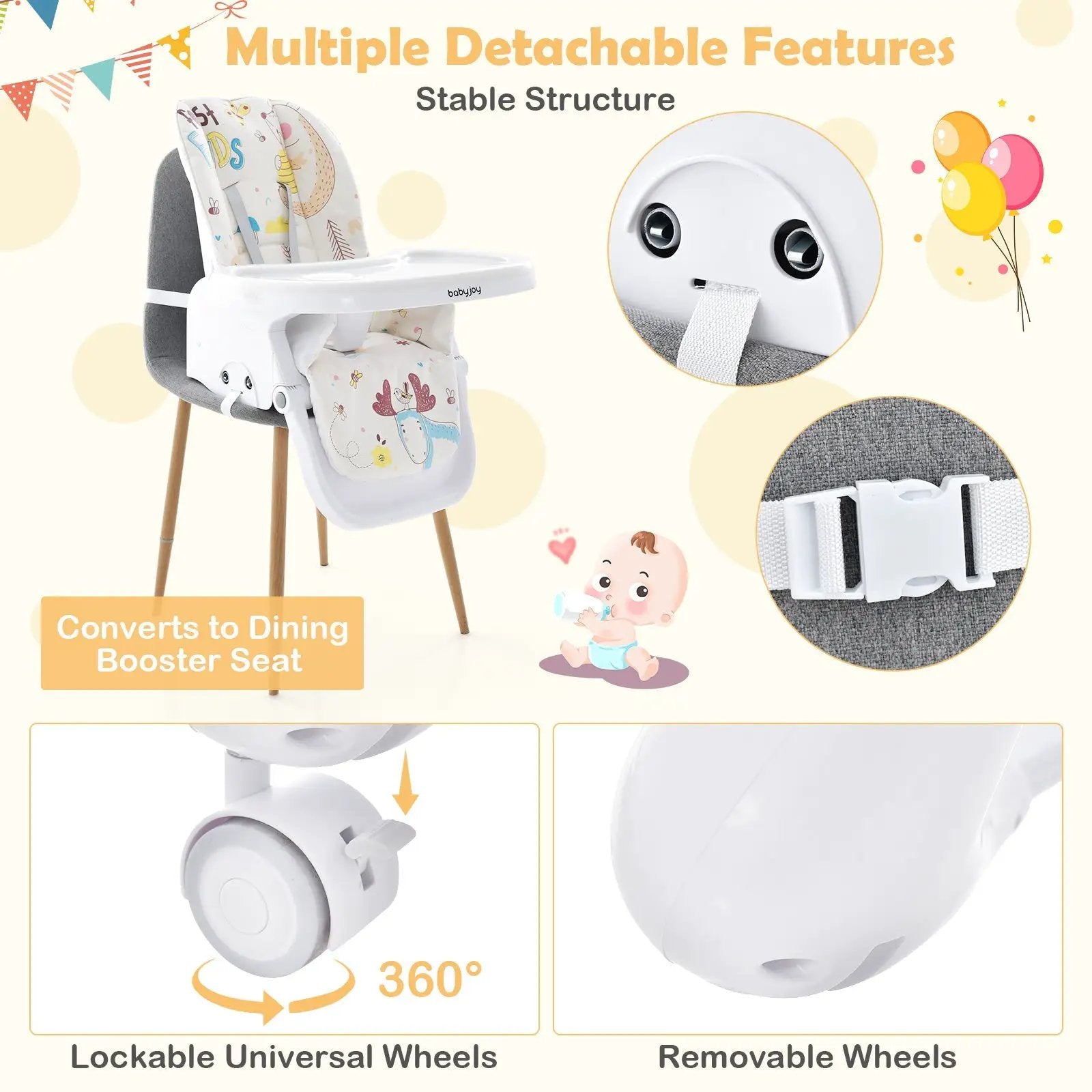 3-In-1 Convertible Highchair with Adjustable Height and 5-Point Safety Belt and Lockable Wheels by DirectDeals