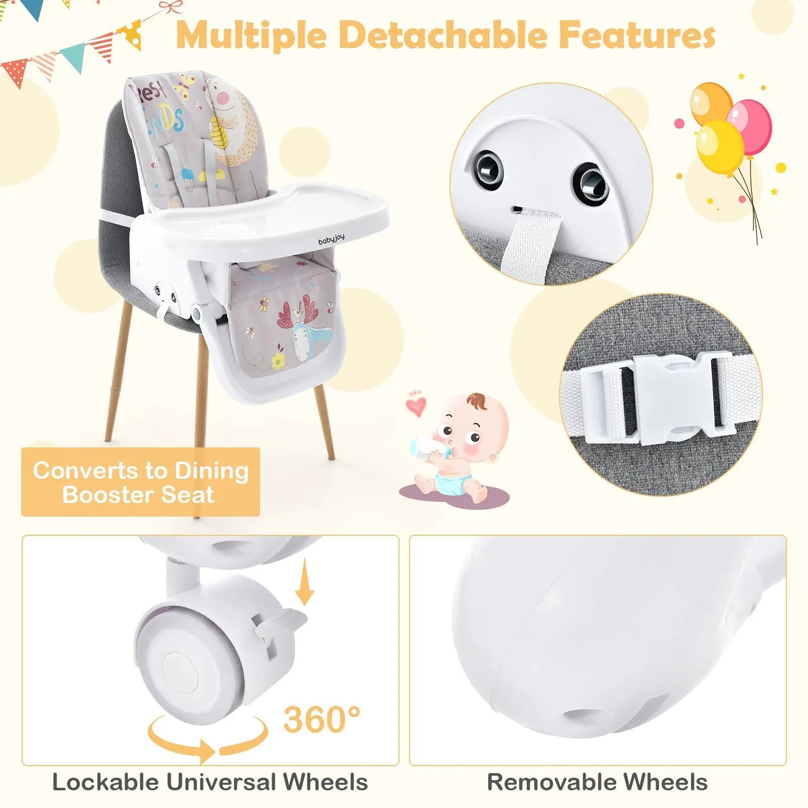 3-In-1 Convertible Highchair with Adjustable Height and 5-Point Safety Belt and Lockable Wheels by DirectDeals