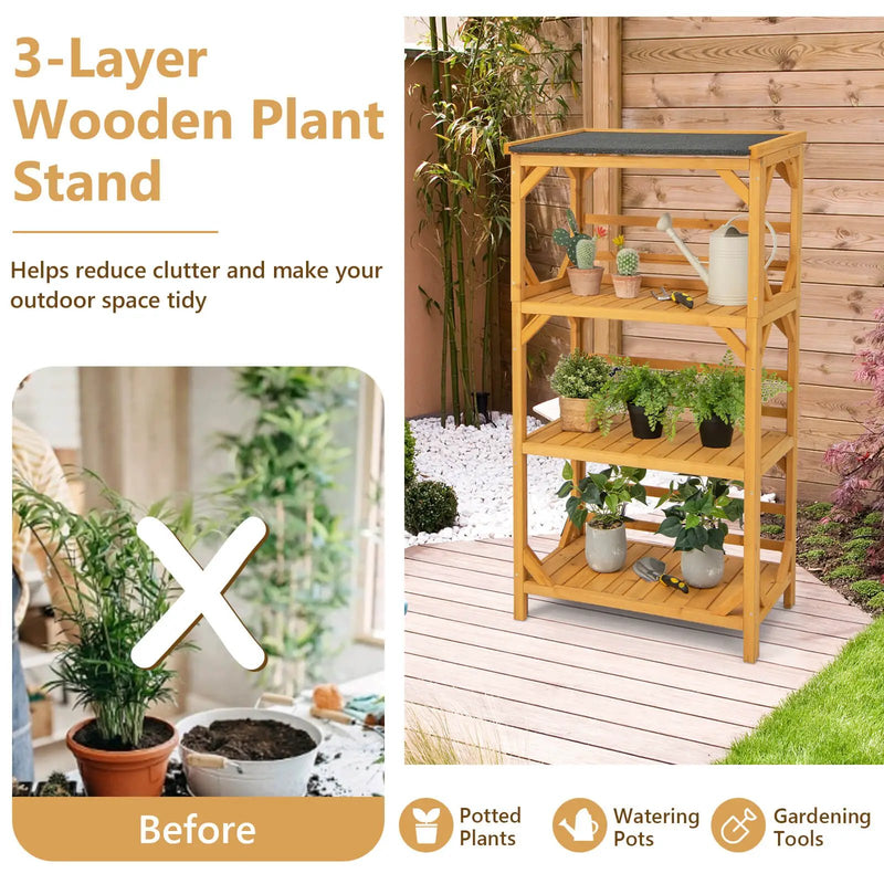 3-Tier Wooden Plant Stand with Weatherproof Asphalt Roof for Patio-Natural by DirectDeals