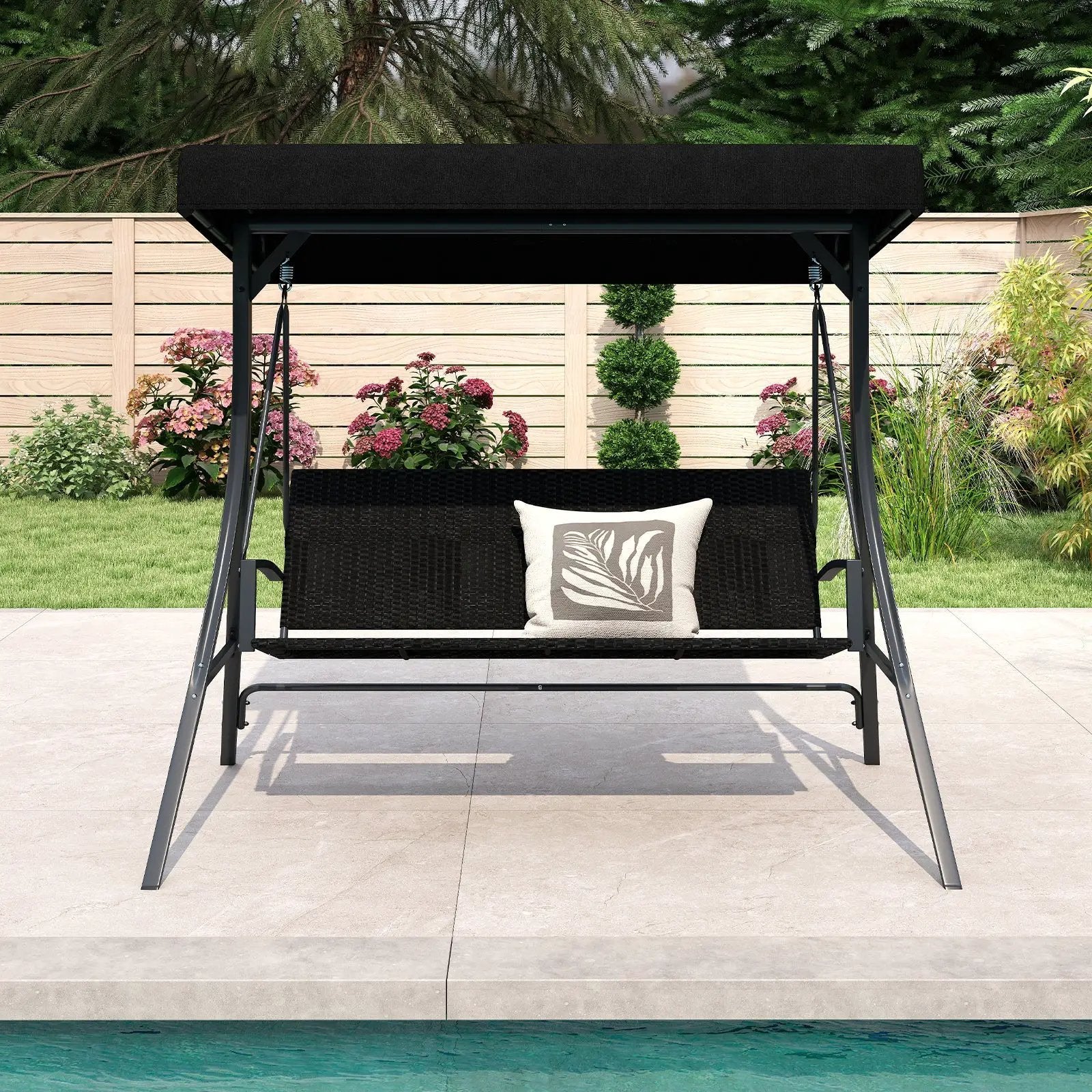 3-Person Porch Swing with Stand Outdoor Canopy Swing with Rattan Seat Back-Black by DirectDeals