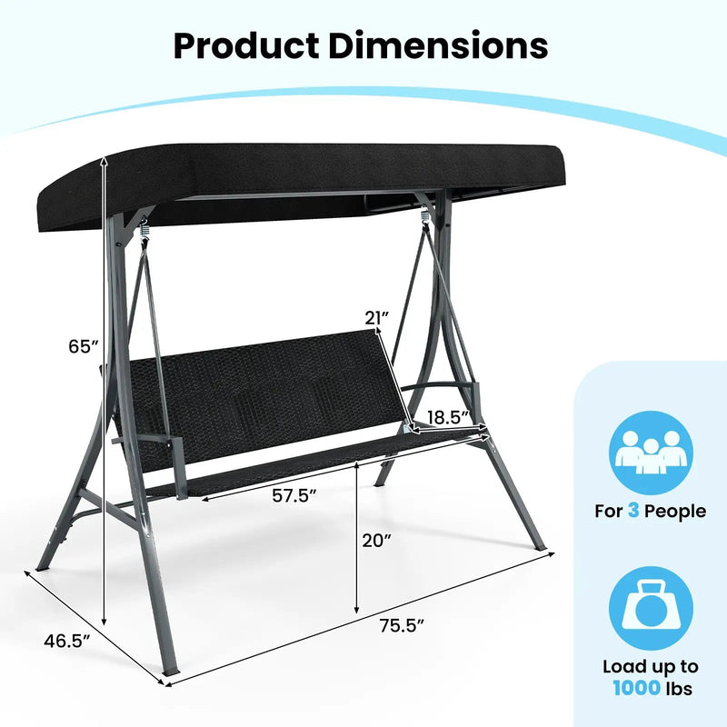 3-Person Porch Swing with Stand Outdoor Canopy Swing with Rattan Seat Back-Black by DirectDeals