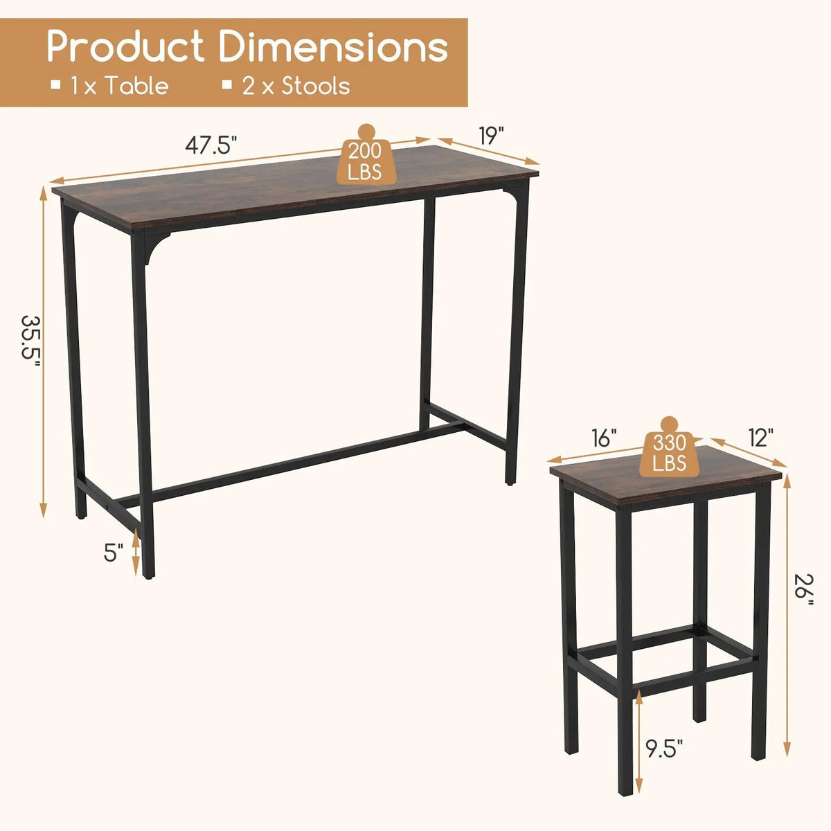 Industrial 3-Piece 47.5" Counter-Height Dining Table and 2 Bar Stools by DirectDeals