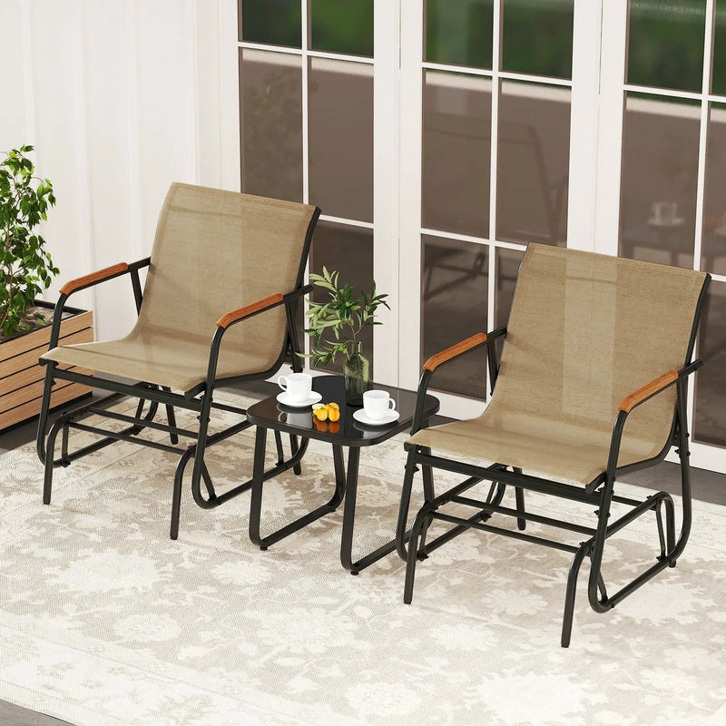 3-Piece Outdoor Glider Bistro Set with Tempered Glass Top and Metal Frame-Coffee by DirectDeals