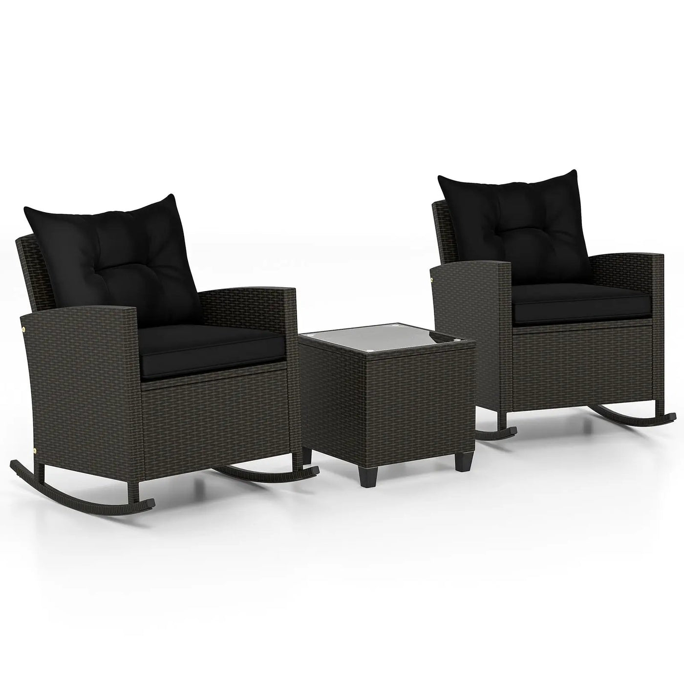Patio Rattan Roker Chairs with Tempered Glass Table and Soft Cushions for Backyard Poolside Porch by DirectDeals