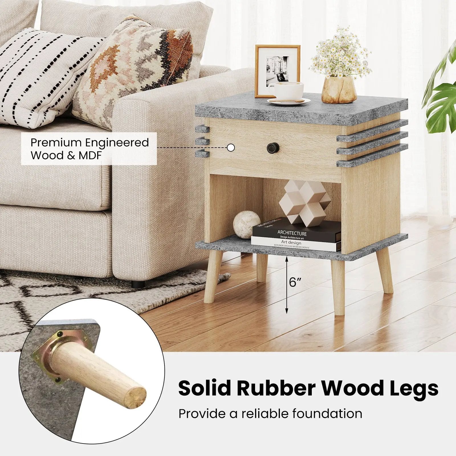 3-Tier Bedside Table Nightstand with Antique Grey Faux Marble Top-Grey by DirectDeals
