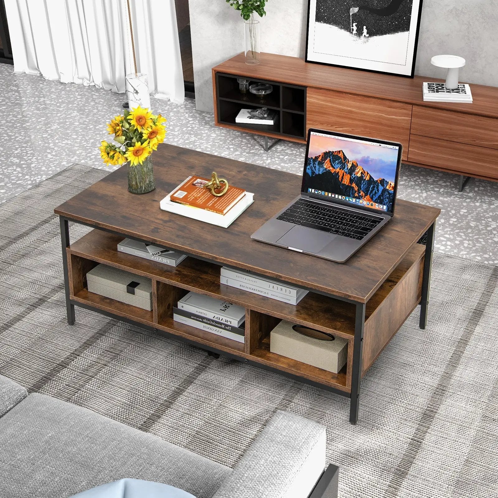 3-Tier Industrial Style Coffee Table with Storage and Heavy-duty Metal Frame-Coffee by DirectDeals