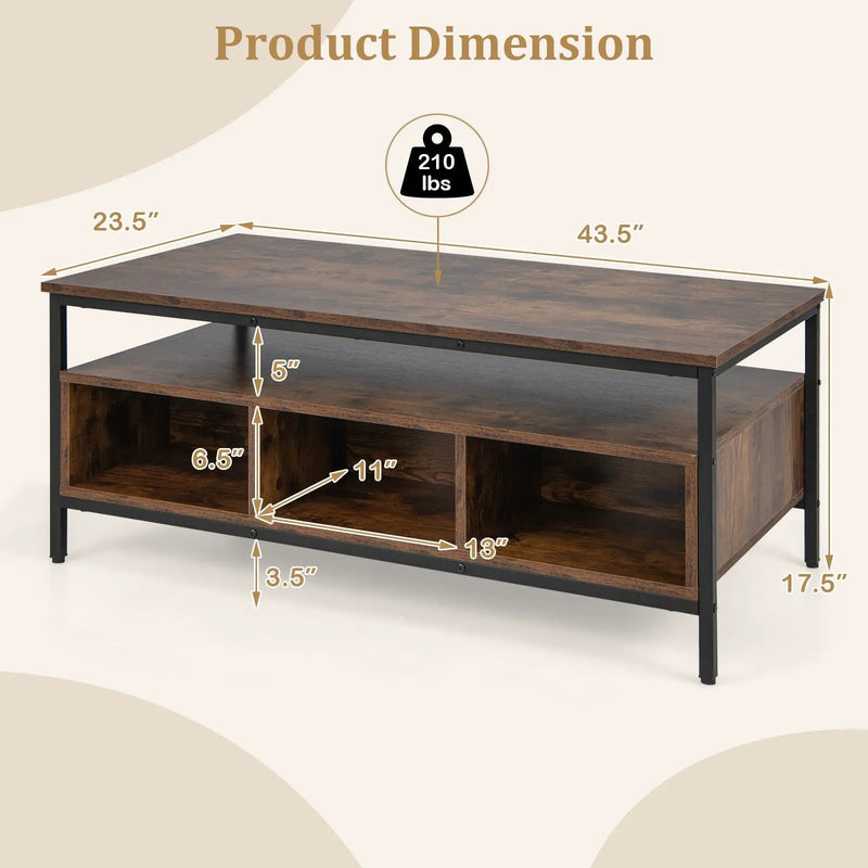 3-Tier Industrial Style Coffee Table with Storage and Heavy-duty Metal Frame-Coffee by DirectDeals