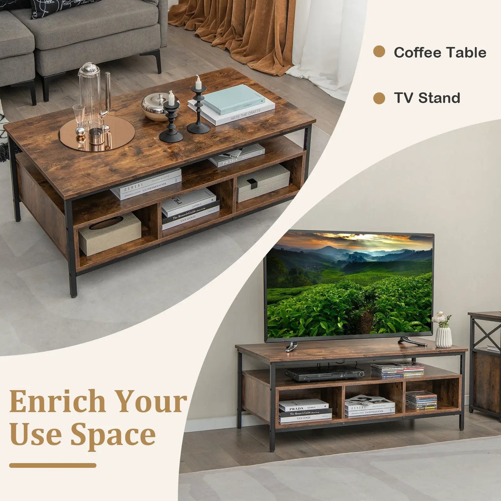3-Tier Industrial Style Coffee Table with Storage and Heavy-duty Metal Frame-Coffee by DirectDeals