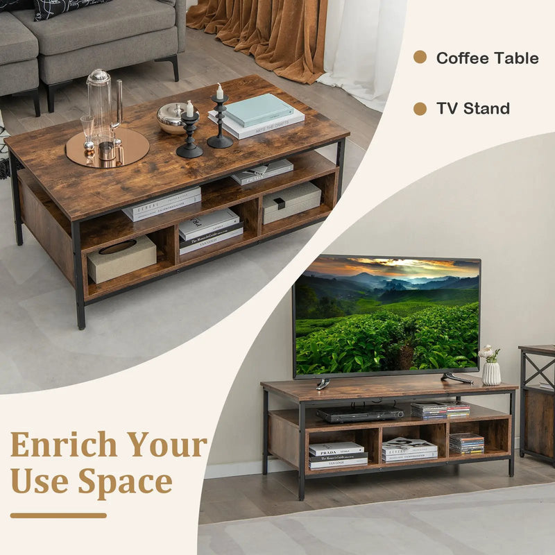 3-Tier Industrial Style Coffee Table with Storage and Heavy-duty Metal Frame-Coffee by DirectDeals
