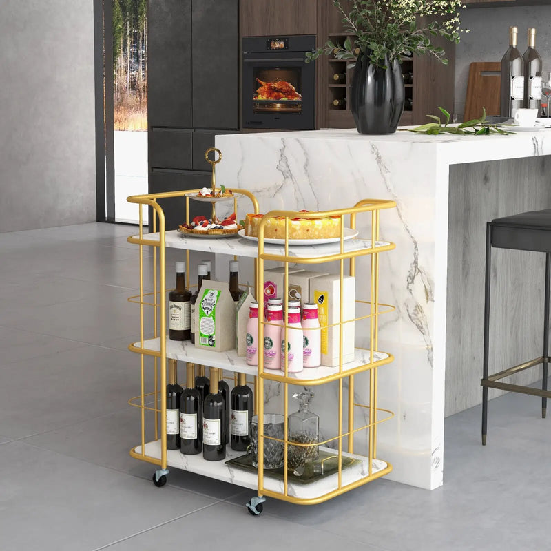 3-Tier Metal Kitchen Storage Serving Cart Trolley with Marble Tabletop and Handles-Golden by DirectDeals