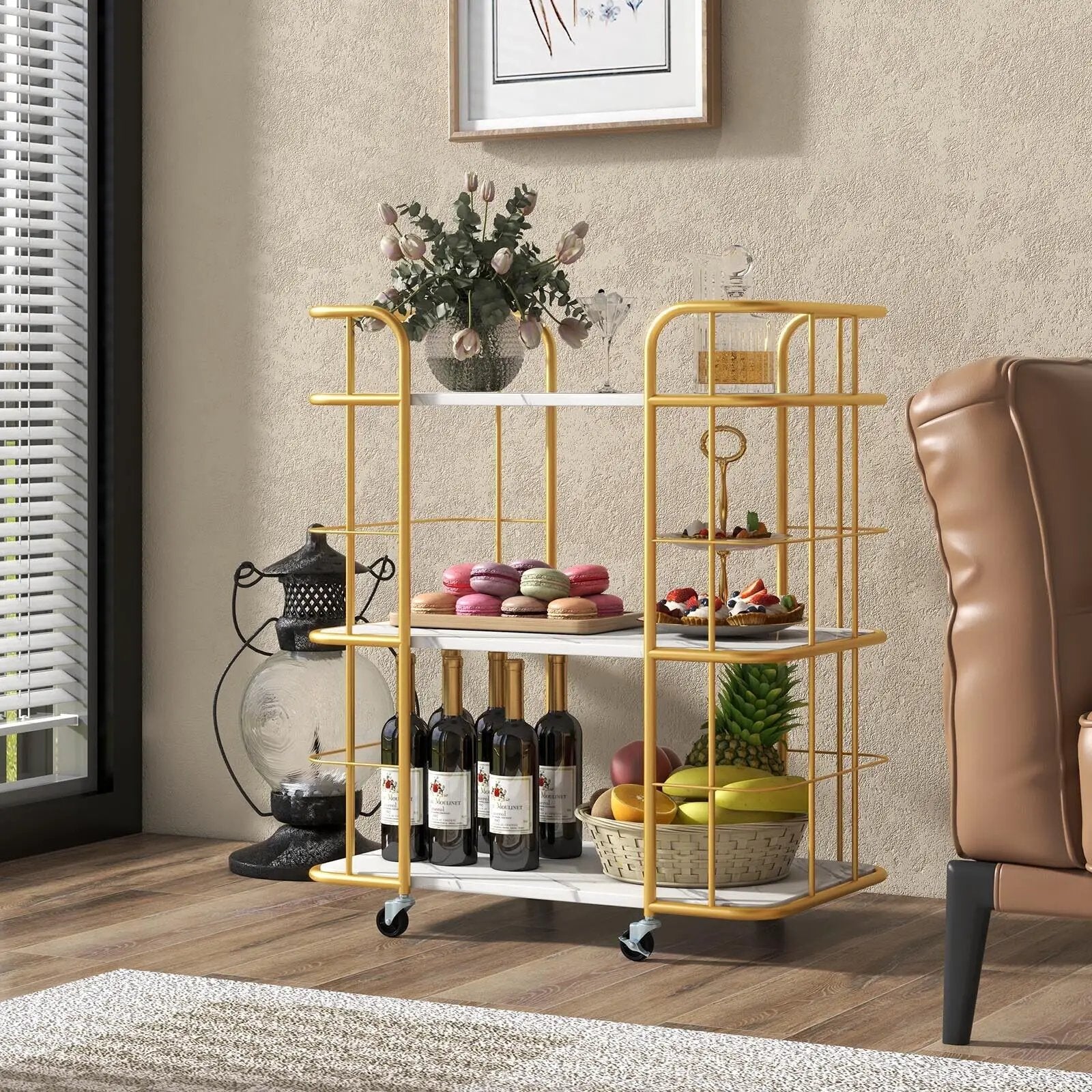 3-Tier Metal Kitchen Storage Serving Cart Trolley with Marble Tabletop and Handles-Golden by DirectDeals