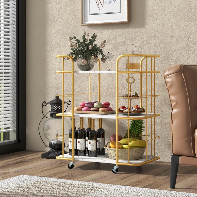 3-Tier Metal Kitchen Storage Serving Cart Trolley with Marble Tabletop and Handles-Golden by DirectDeals