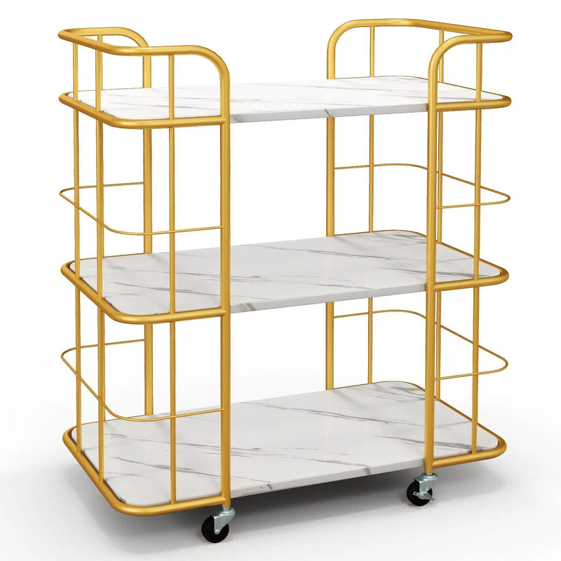 3-Tier Metal Kitchen Storage Serving Cart Trolley with Marble Tabletop and Handles-Golden by DirectDeals