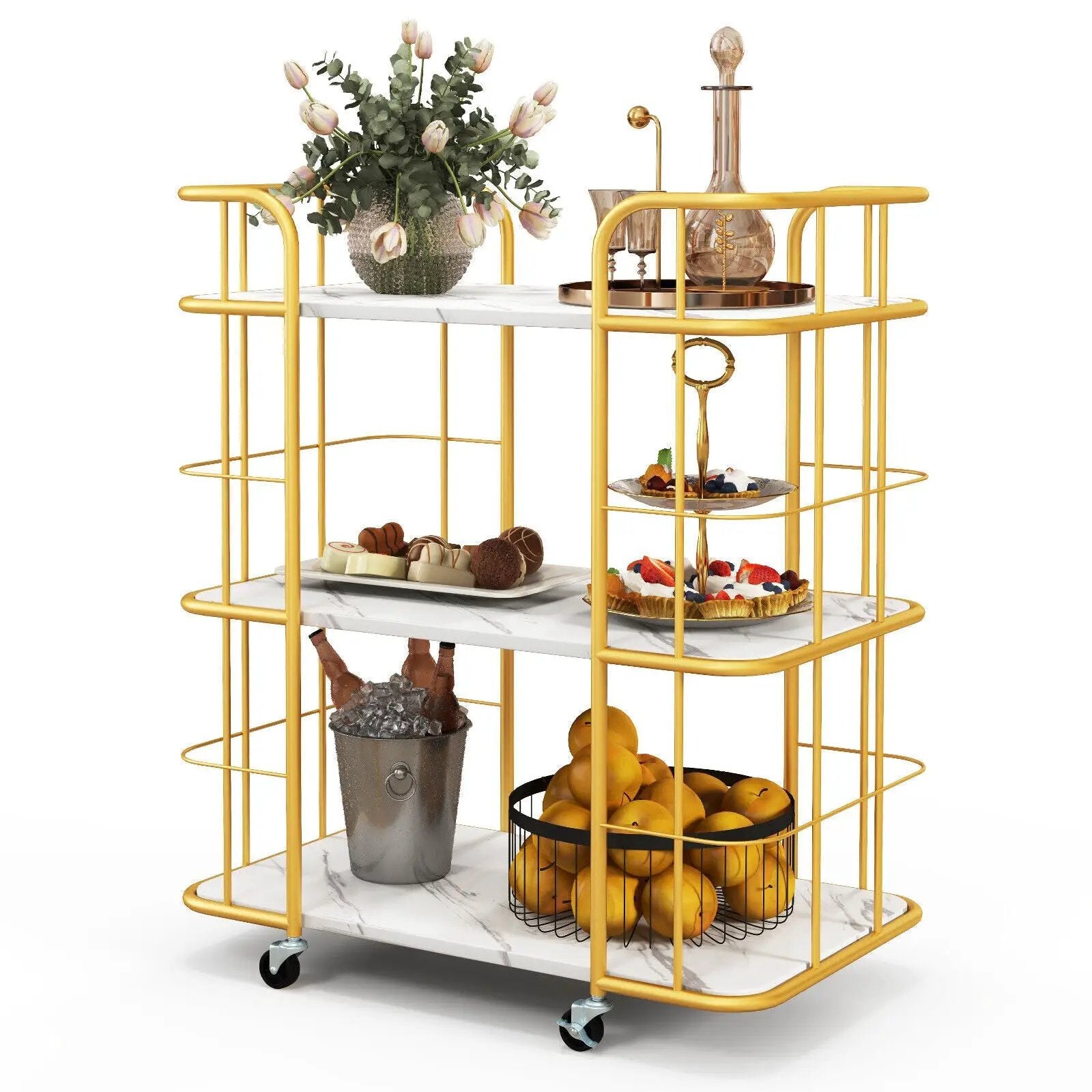 3-Tier Metal Kitchen Storage Serving Cart Trolley with Marble Tabletop and Handles-Golden by DirectDeals