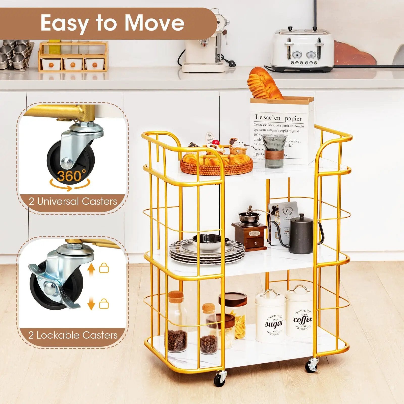 3-Tier Metal Kitchen Storage Serving Cart Trolley with Marble Tabletop and Handles-Golden by DirectDeals