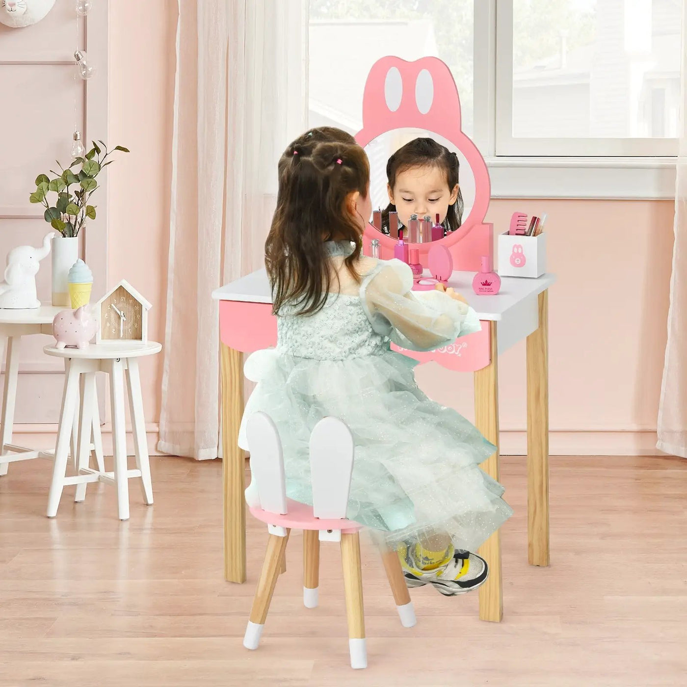 Kids Vanity Set Rabbit Makeup Dressing Table Chair Set with Mirror and Drawer by DirectDeals