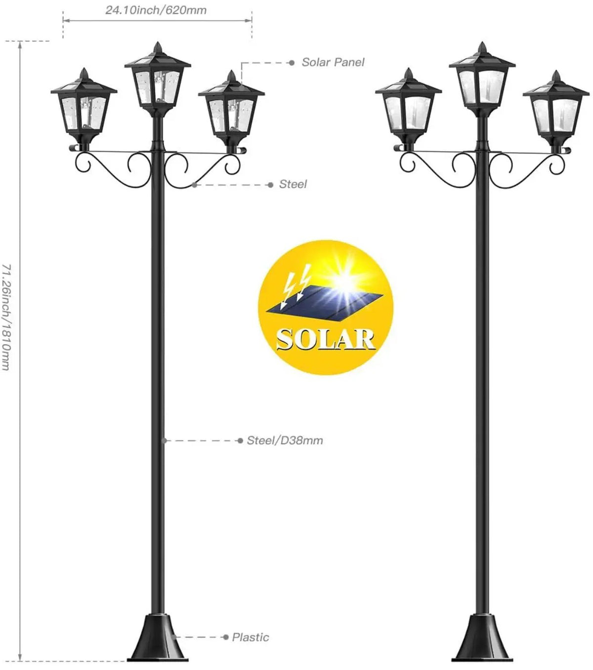 3 Fixture Outdoor Solar LED Lamp Post With 50 Lumen - 72Inch by Outdoor Solar Outlet