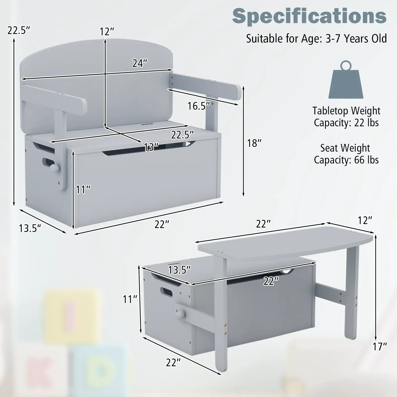3-in-1 Kids Convertible Storage Bench Wood Activity Table and Chair Set by DirectDeals