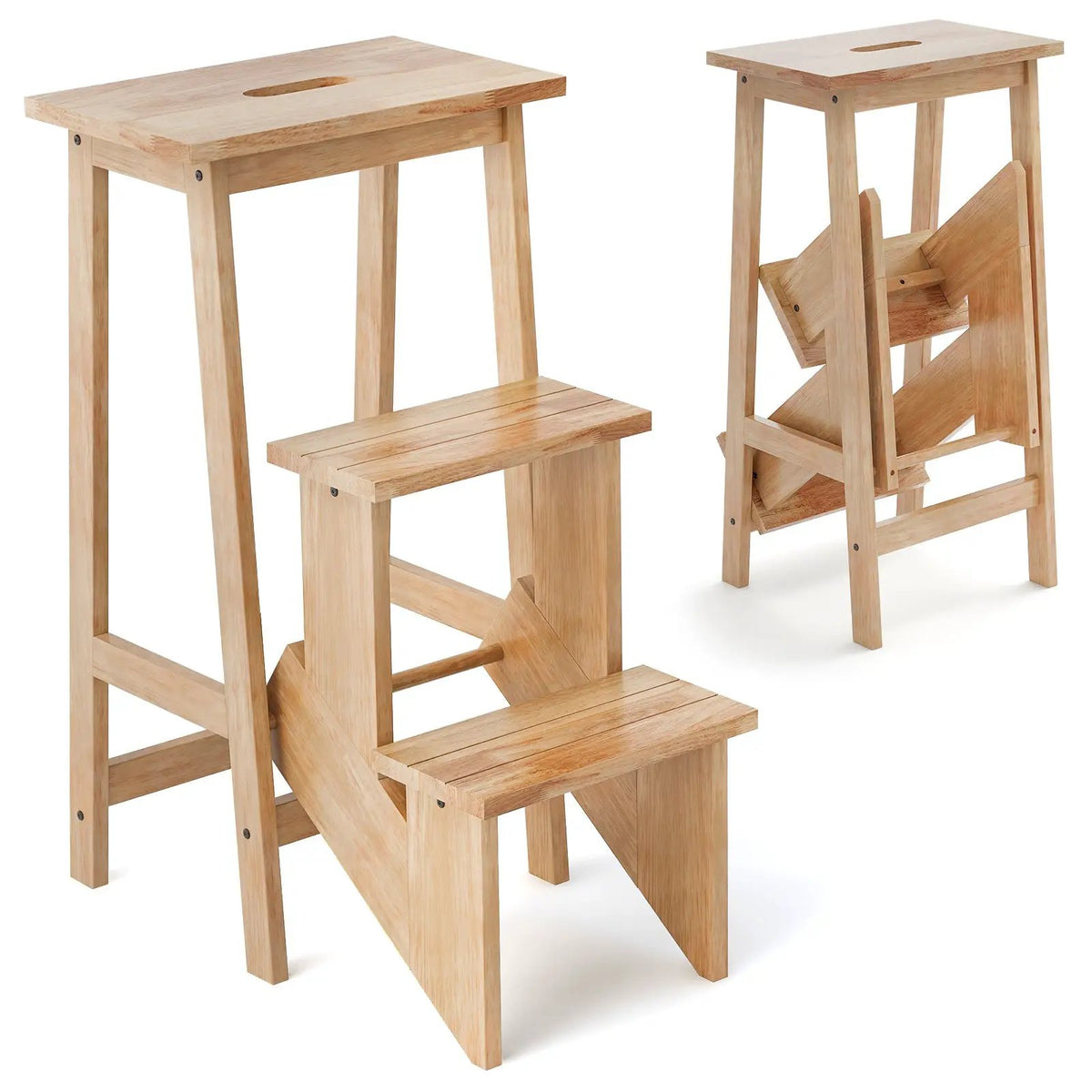 3-in-1 Rubber Wood 3 Tier Folding Step Stool Ladder Storage Shelf-Coffee by DirectDeals