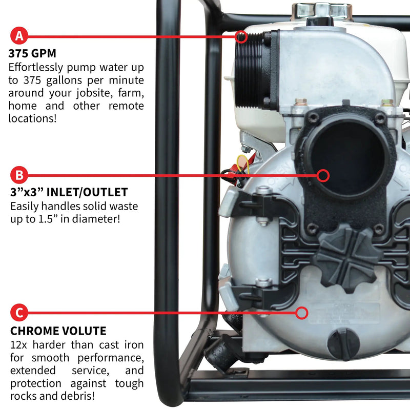 3 Inch Trash Water Pump 375 GPM 8 HP GX240 powered by Honda Portable Utility X-Series by Tomahawk Power