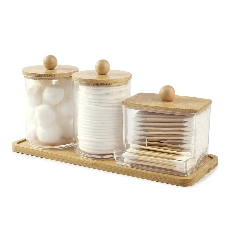 3-Pack Clear Acrylic Apothecary Jars with Bamboo Lids - Refillable Bathroom Organizers for Balls, Swabs, and Floss Picks - Flip-Top Dispensers with Tray by House Of Avana