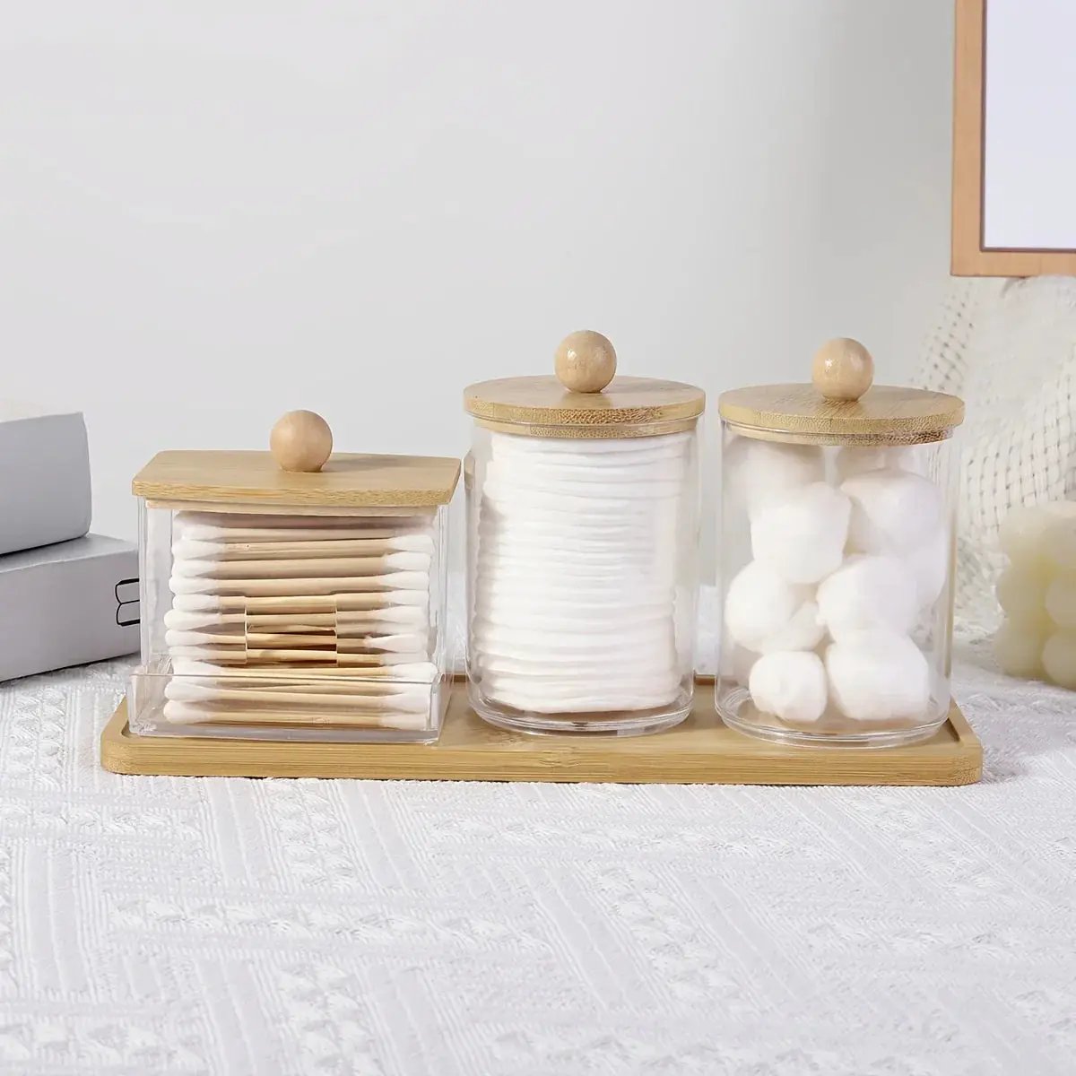 3-Pack Clear Acrylic Apothecary Jars with Bamboo Lids - Refillable Bathroom Organizers for Balls, Swabs, and Floss Picks - Flip-Top Dispensers with Tray by House Of Avana