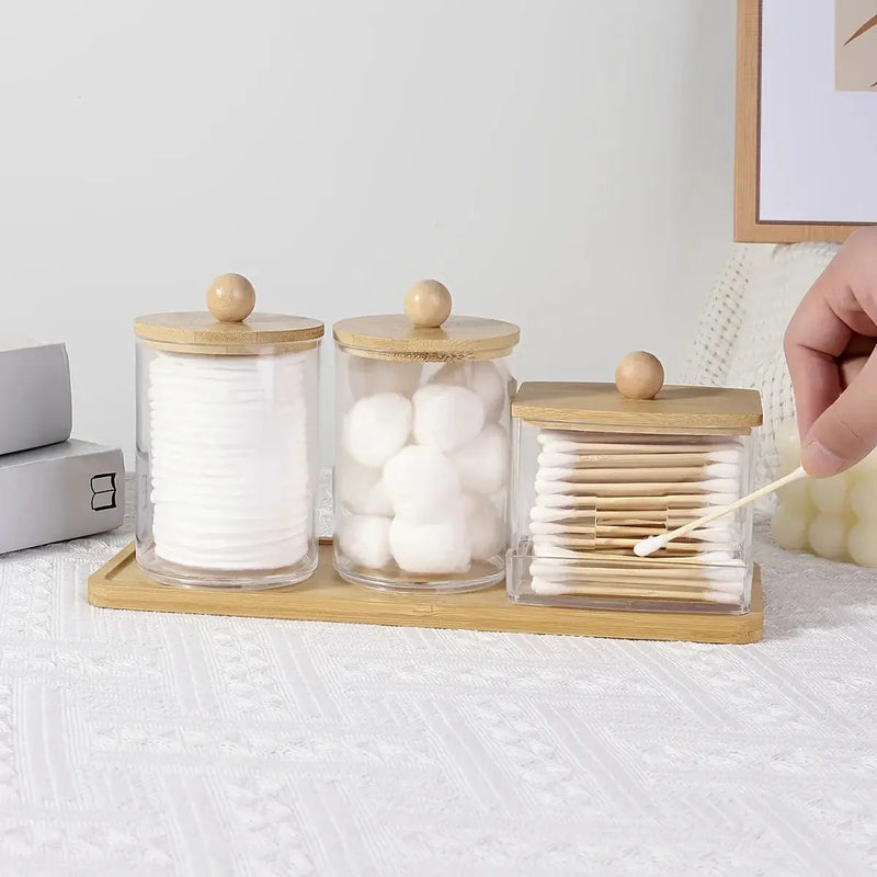 3-Pack Clear Acrylic Apothecary Jars with Bamboo Lids - Refillable Bathroom Organizers for Balls, Swabs, and Floss Picks - Flip-Top Dispensers with Tray by House Of Avana