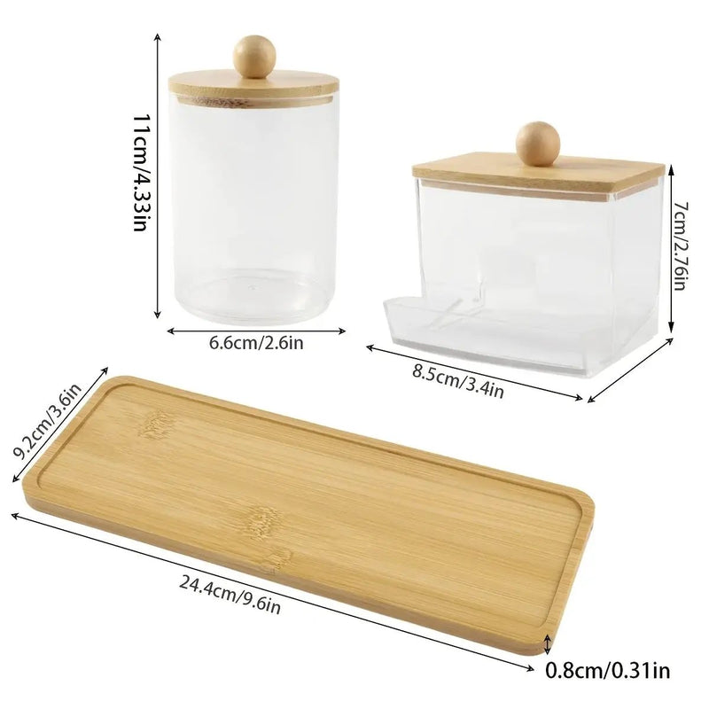 3-Pack Clear Acrylic Apothecary Jars with Bamboo Lids - Refillable Bathroom Organizers for Balls, Swabs, and Floss Picks - Flip-Top Dispensers with Tray by House Of Avana