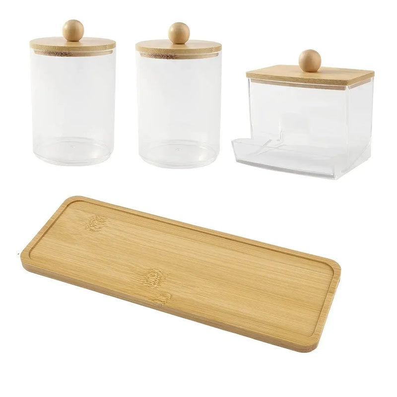 3-Pack Clear Acrylic Apothecary Jars with Bamboo Lids - Refillable Bathroom Organizers for Balls, Swabs, and Floss Picks - Flip-Top Dispensers with Tray by House Of Avana